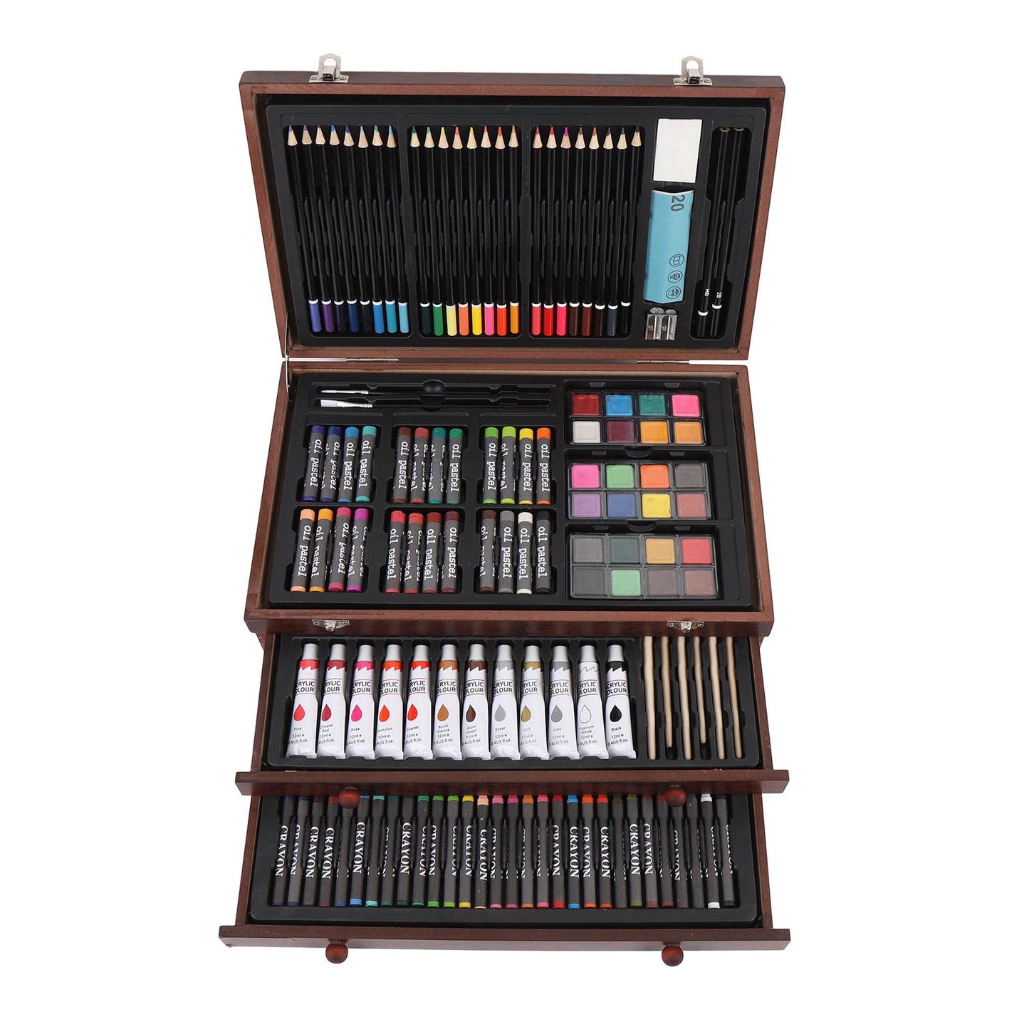 Wooden Art Set 142Pcs: Colored Pencils, Pastels, Crayons & More