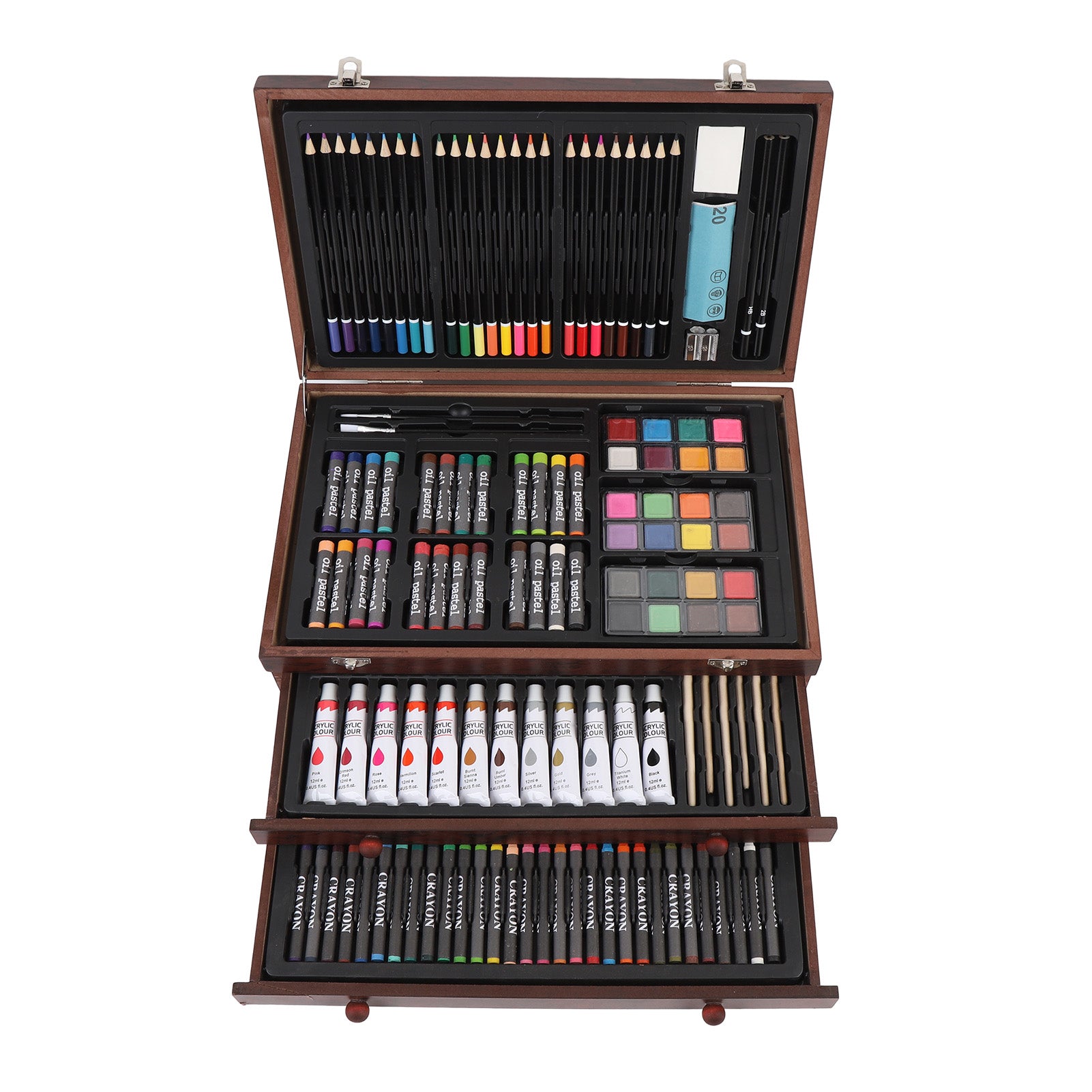 Wooden Art Set 142Pcs: Colored Pencils, Pastels, Crayons & More