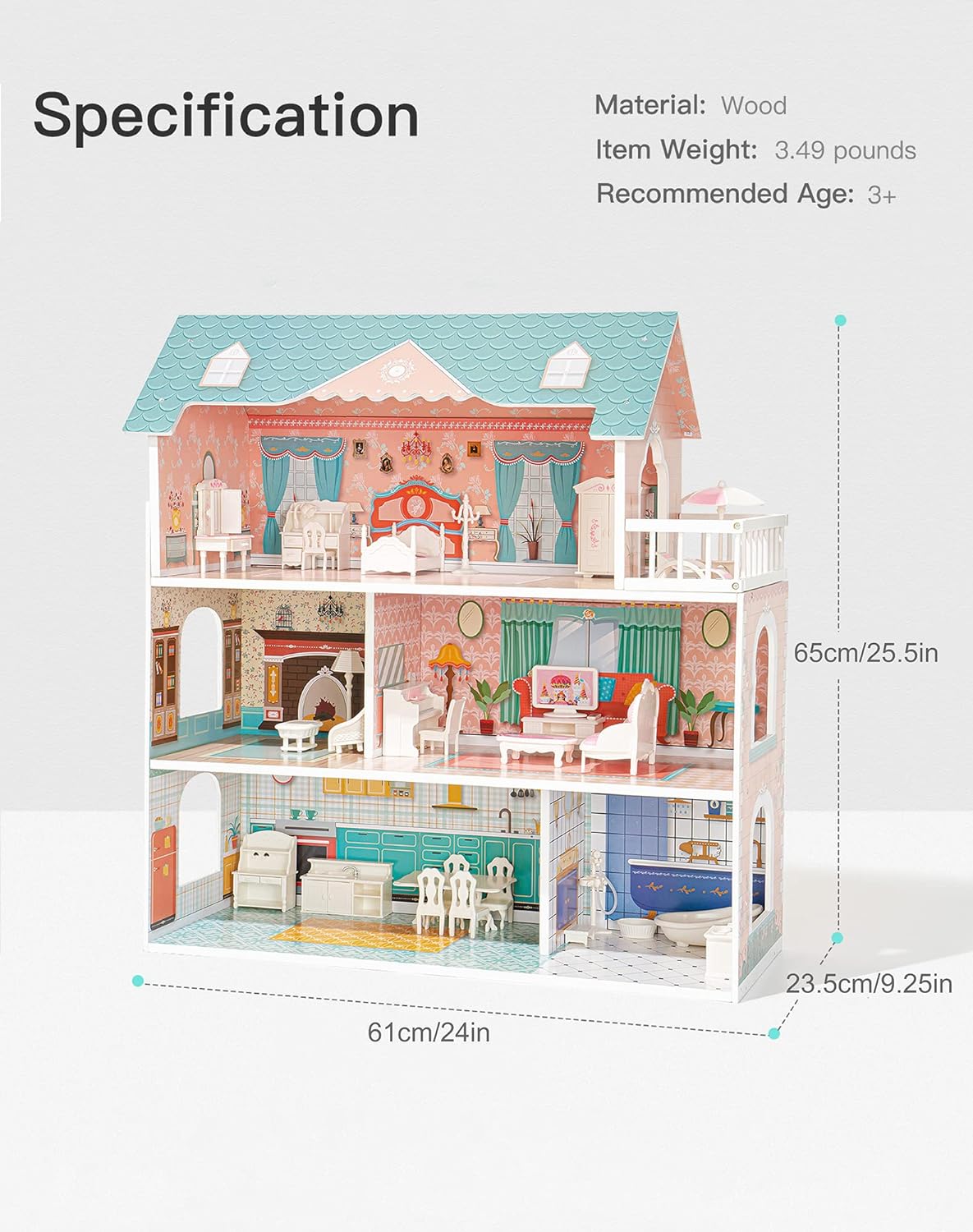 3-Story Wooden Dollhouse: With 28 Toy Accessories