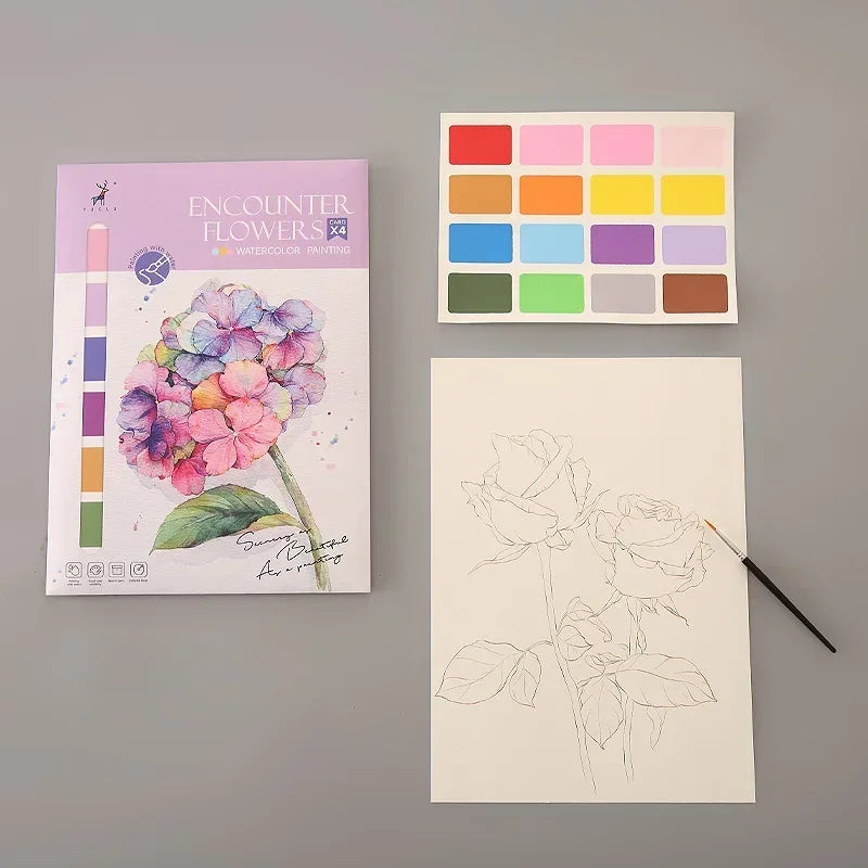Watercolor Painting Book: 4 Artwork Sheets & Paint Brush