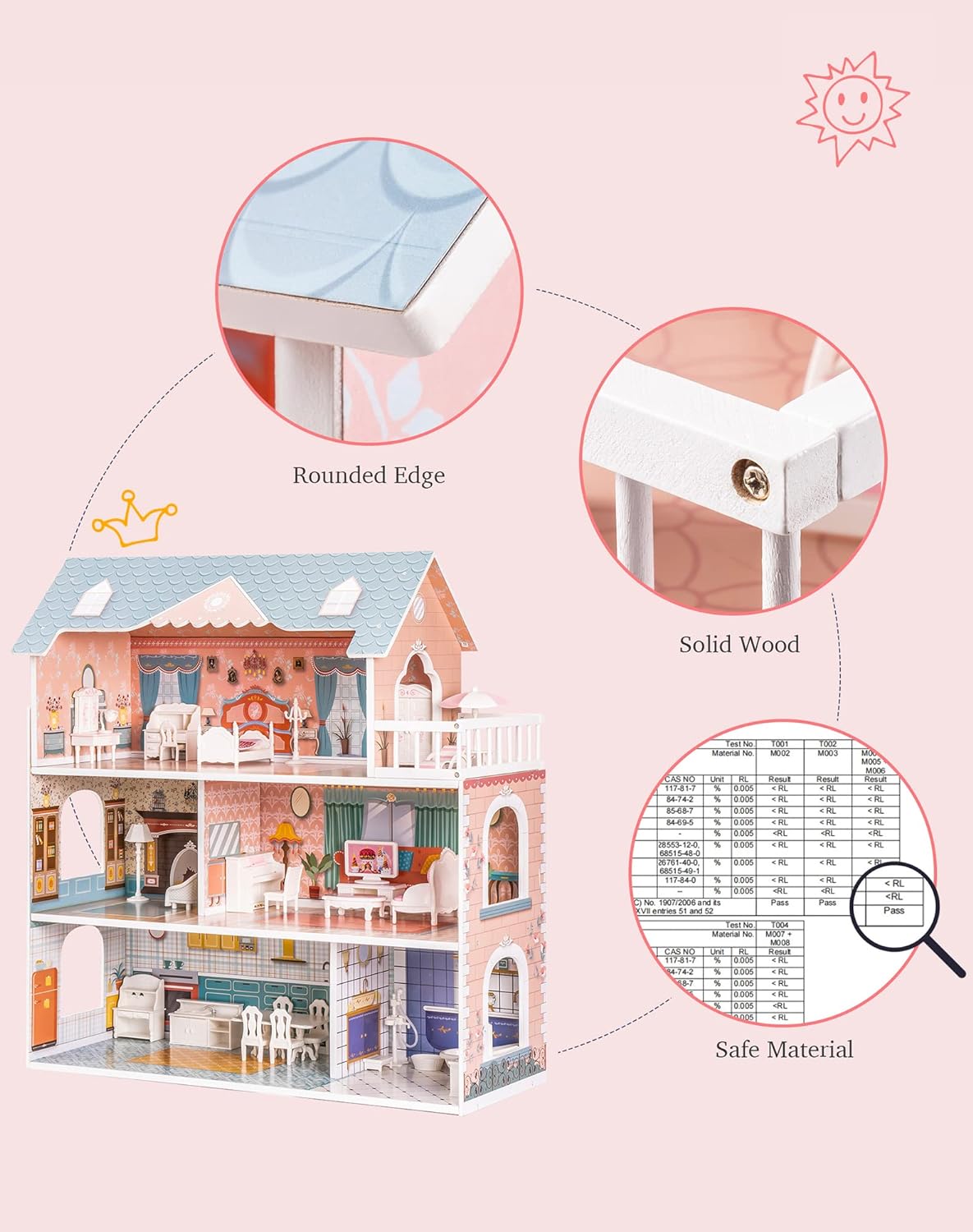 3-Story Wooden Dollhouse: With 28 Toy Accessories