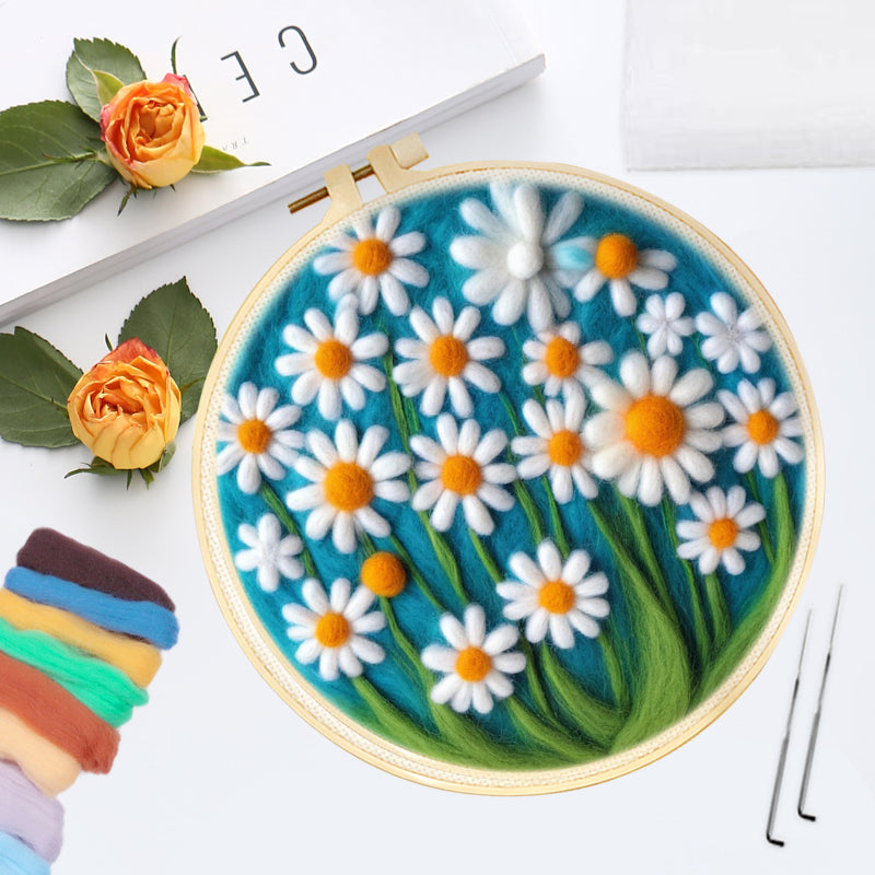 Flowers Pattern Wool Felting Kit: DIY Craft with Frame