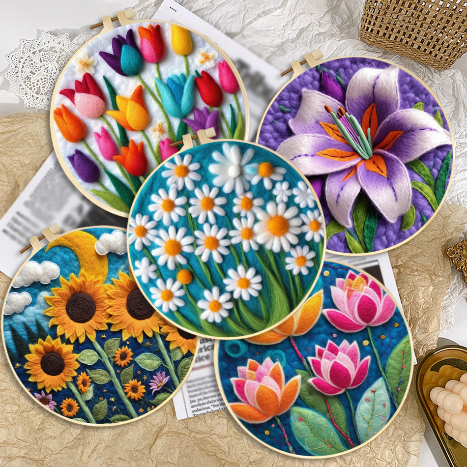 Flowers Pattern Wool Felting Kit: DIY Craft with Frame