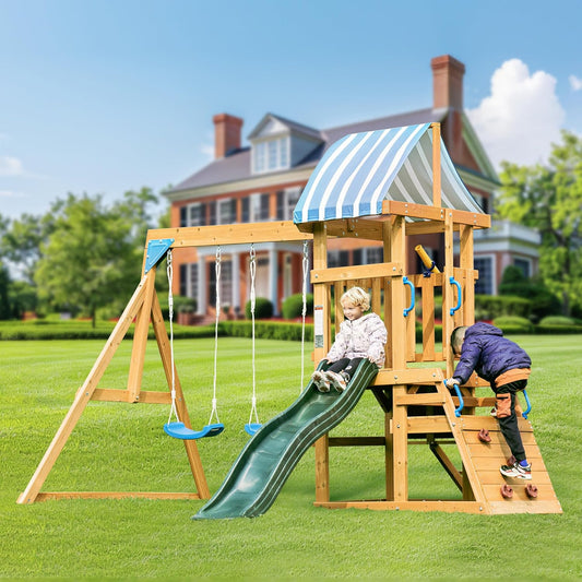 Wooden Swing Set with Slide & Climbing Wall for Kids
