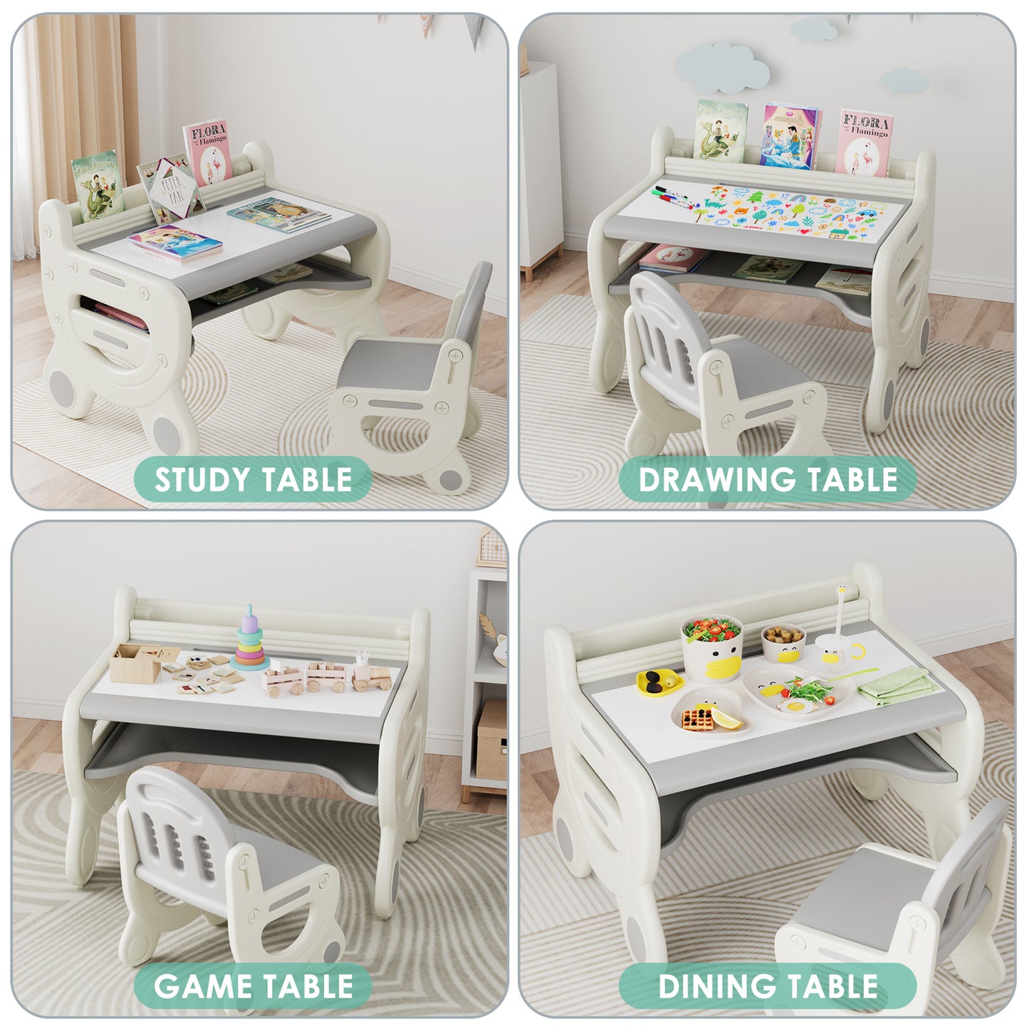 Kids Art Table Set - Magnetic & Erasable Surface, Gray & White