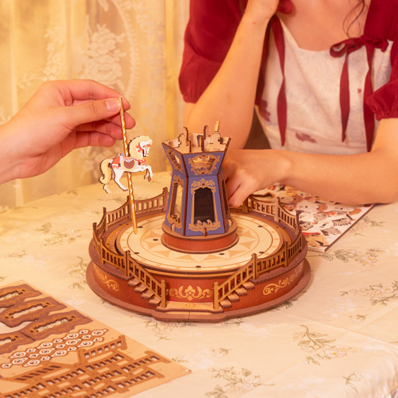 3D Wooden Puzzle Carousel Music Box - LED Lights & Nostalgia