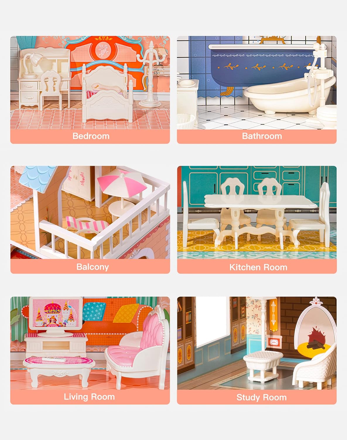 3-Story Wooden Dollhouse: With 28 Toy Accessories