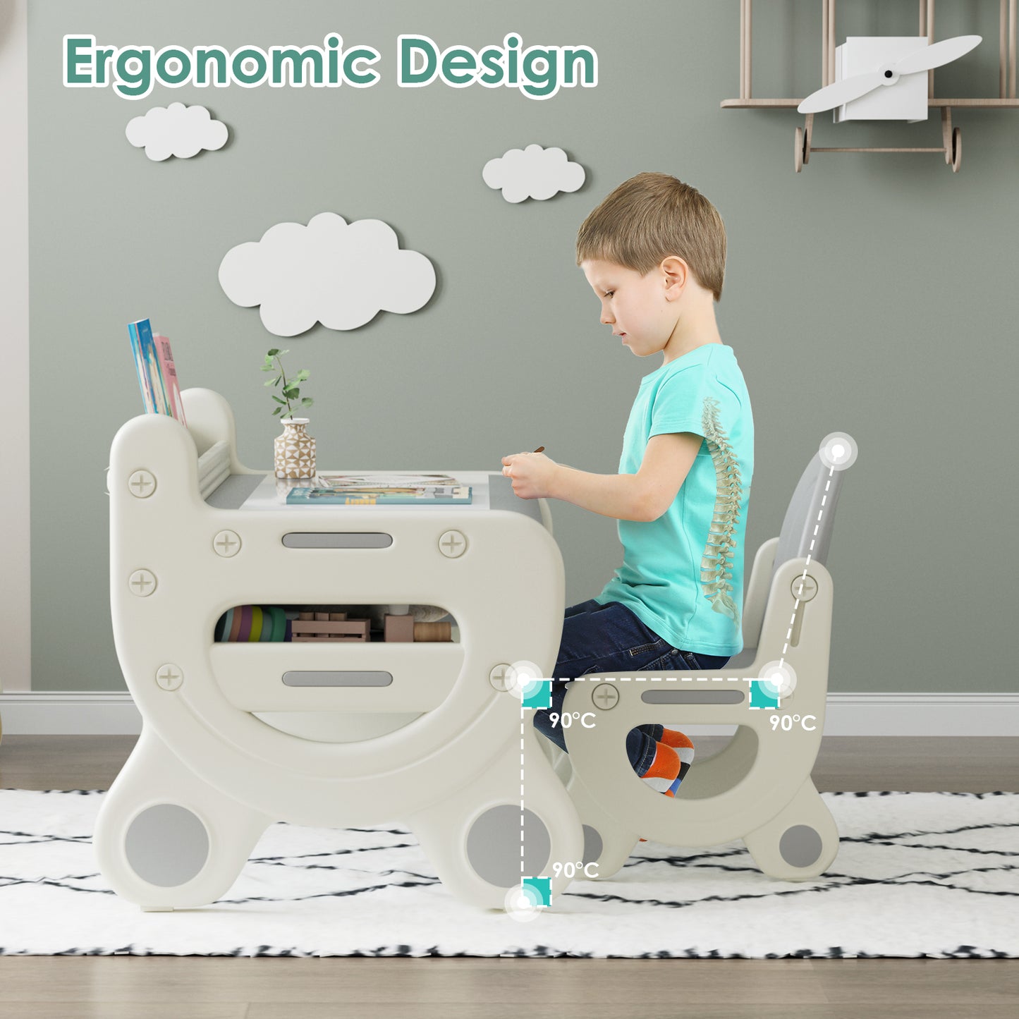 Kids Art Table Set - Magnetic & Erasable Surface, Gray & White
