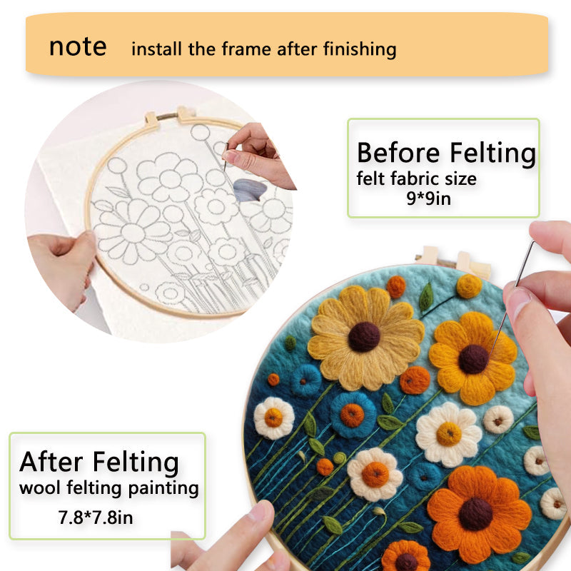 Flowers Pattern Wool Felting Kit: DIY Craft with Frame