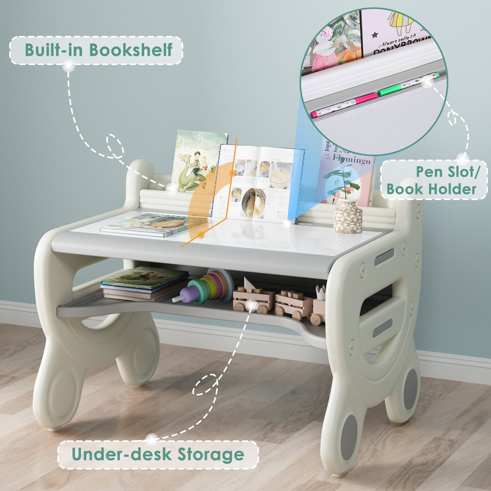 Kids Art Table Set - Magnetic & Erasable Surface, Gray & White