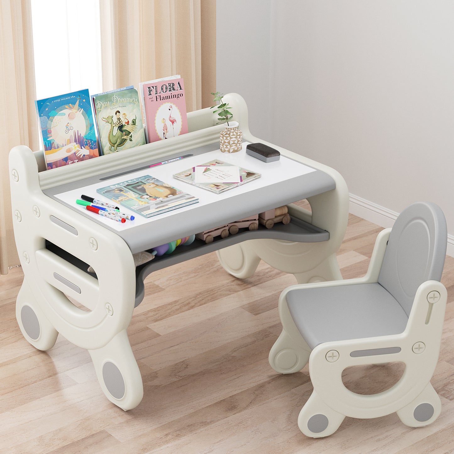 Kids Art Table Set - Magnetic & Erasable Surface, Gray & White