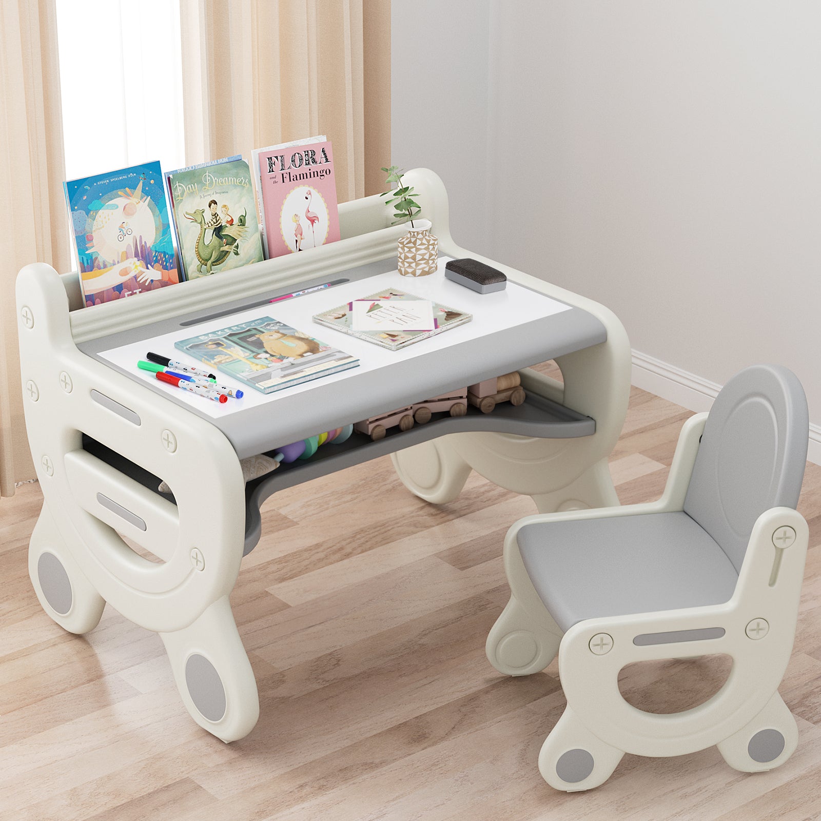 Kids Art Table Set - Magnetic & Erasable Surface, Gray & White