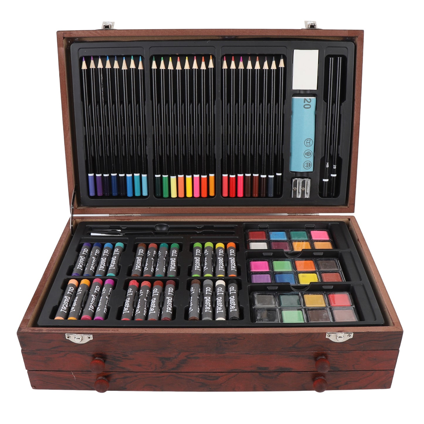Wooden Art Set 142Pcs: Colored Pencils, Pastels, Crayons & More