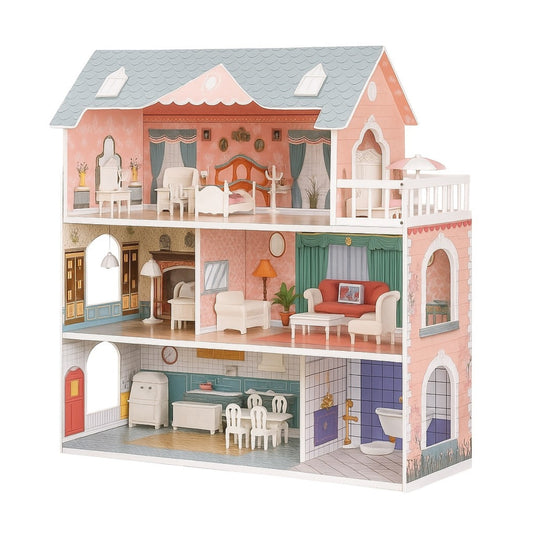 3-Story Wooden Dollhouse: With 28 Toy Accessories