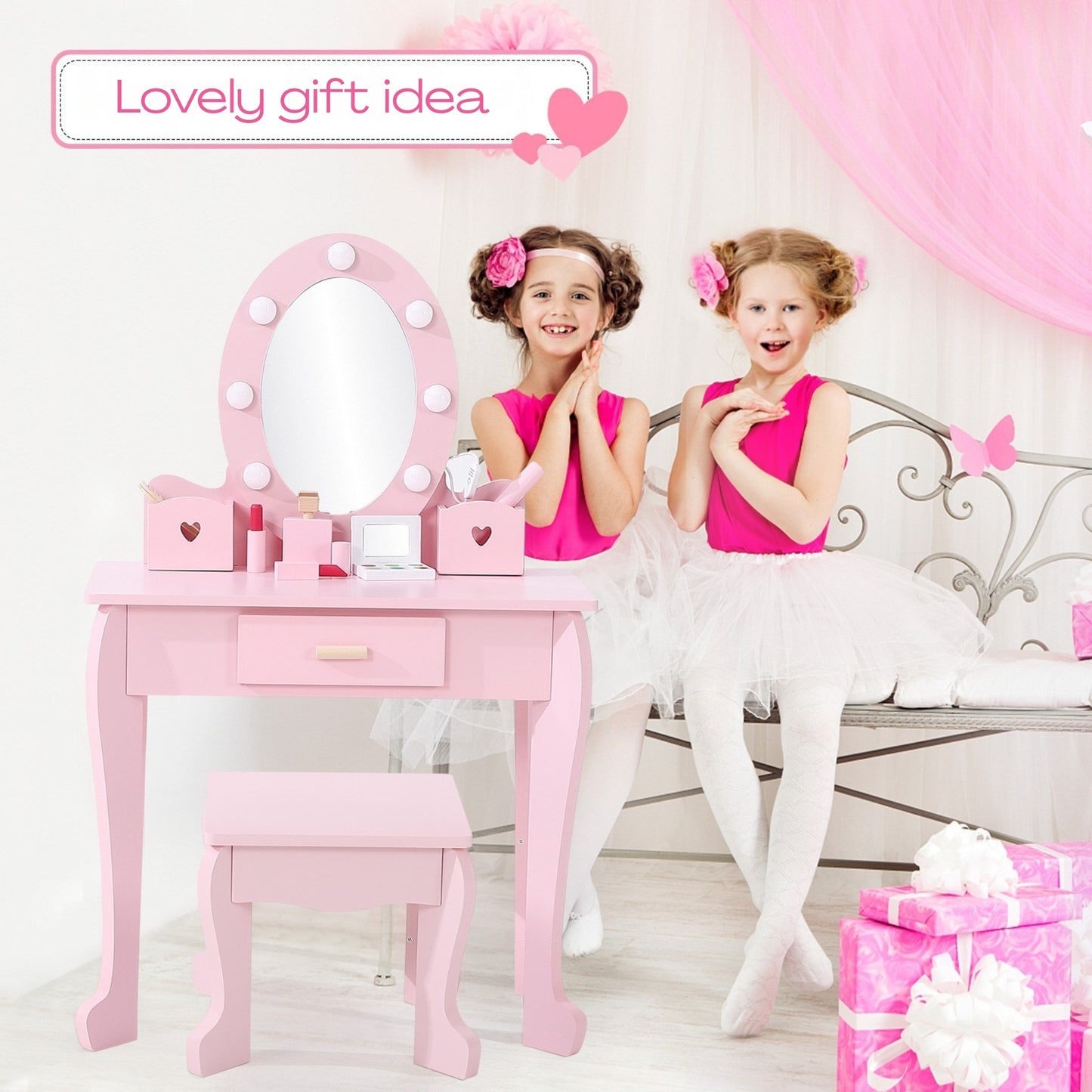Kids' Vanity Table Set with Lights Mirror & Stool