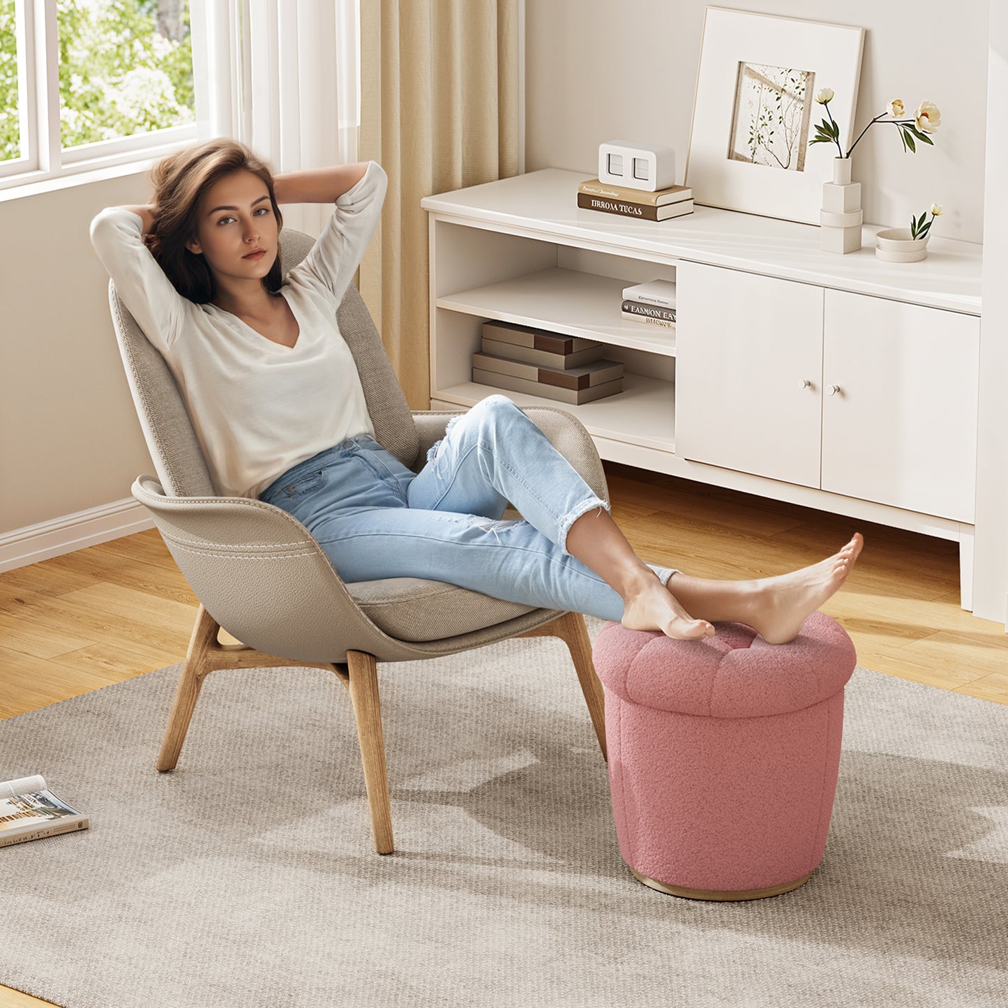 Pink Storage Ottoman: Lambswool Footrest & Vanity Stool