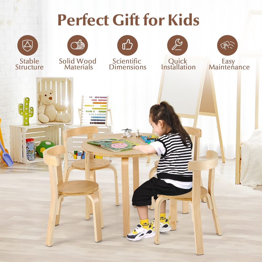 5Pc Kids Table & Chairs - Wooden Set for Playroom & Classroom