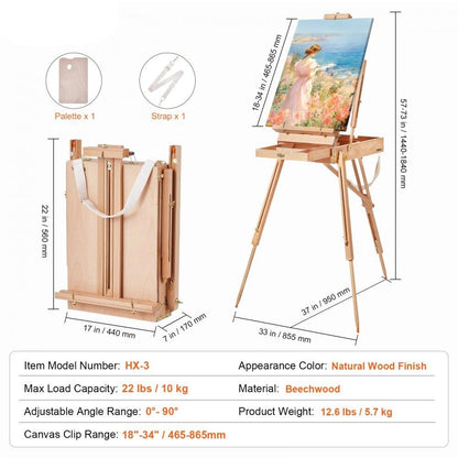Beechwood French Easel: Foldable, Portable with Storage Drawer