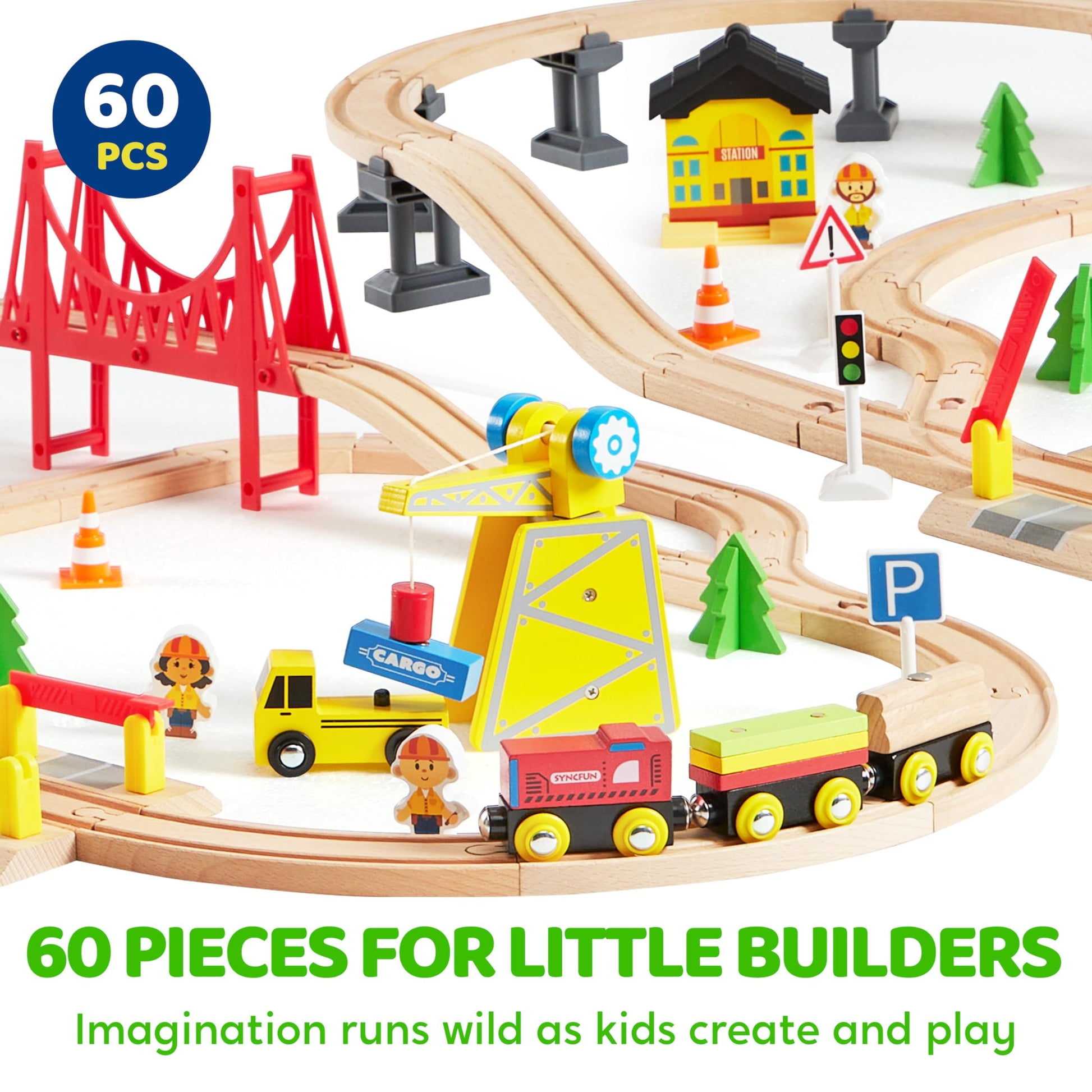 Wooden Train Set: 60 Pcs Tracks & Magnetic Trains for Kids