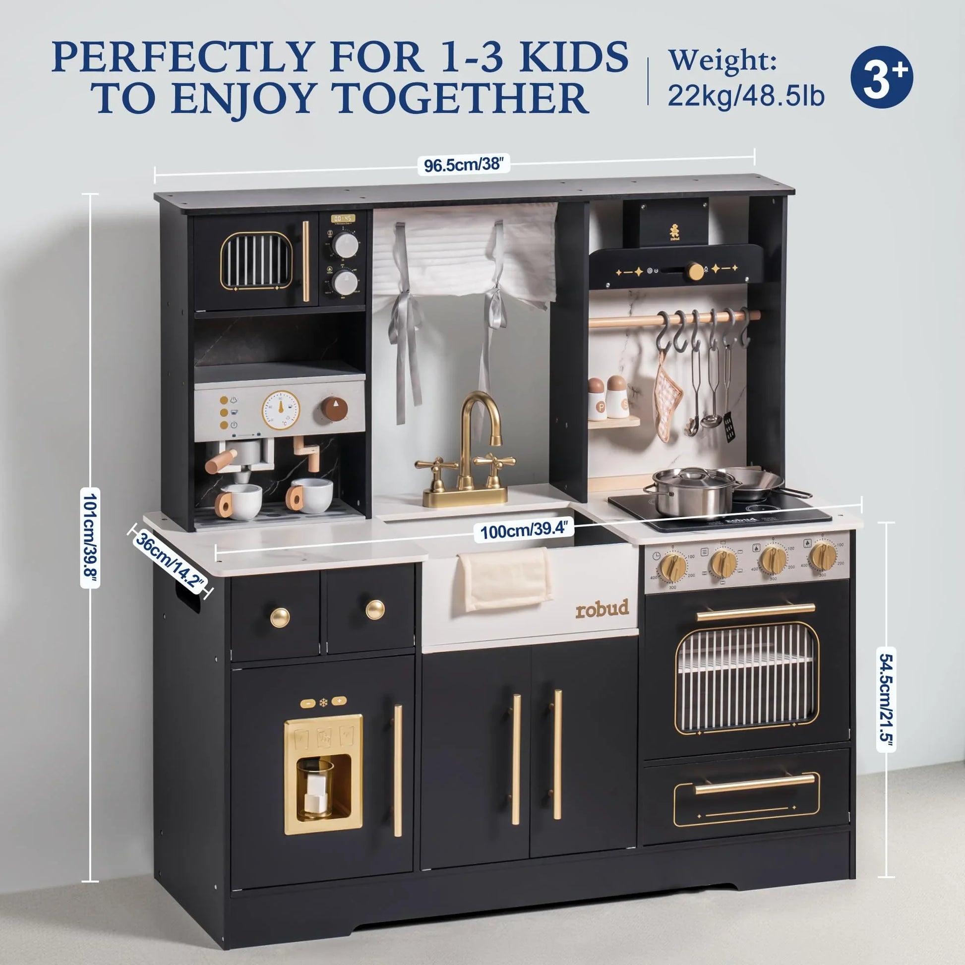 Wooden Play Kitchen Set - Black & White for Kids 3+