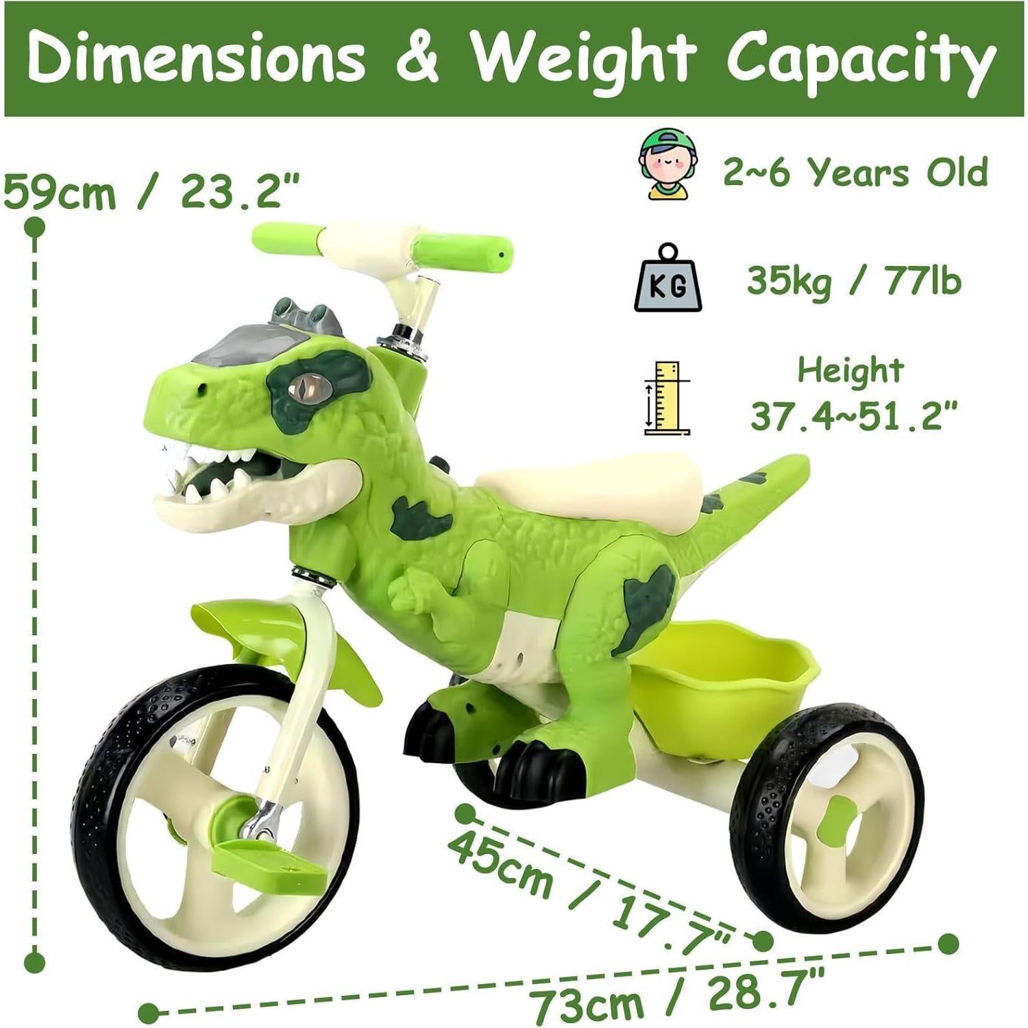 Dinosaur Kids Tricycle with Music & Basket - Toddler Ride-On