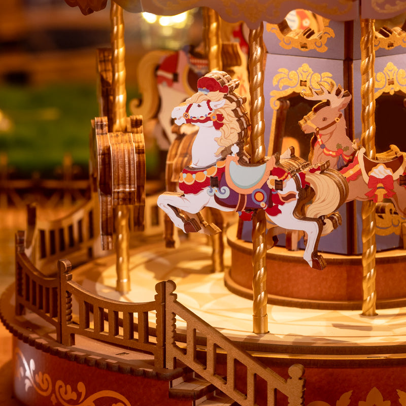 3D Wooden Puzzle Carousel Music Box - LED Lights & Nostalgia
