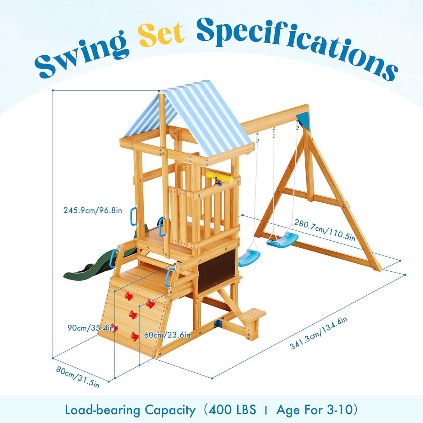 Wooden Swing Set with Slide & Climbing Wall for Kids