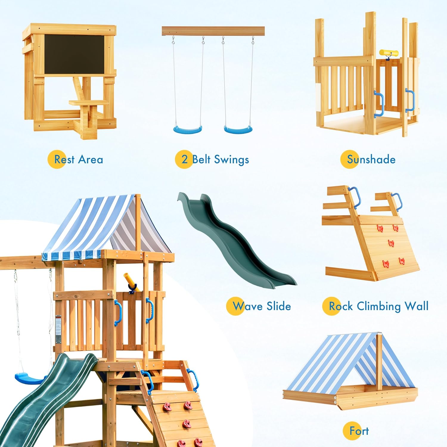 Wooden Swing Set with Slide & Climbing Wall for Kids
