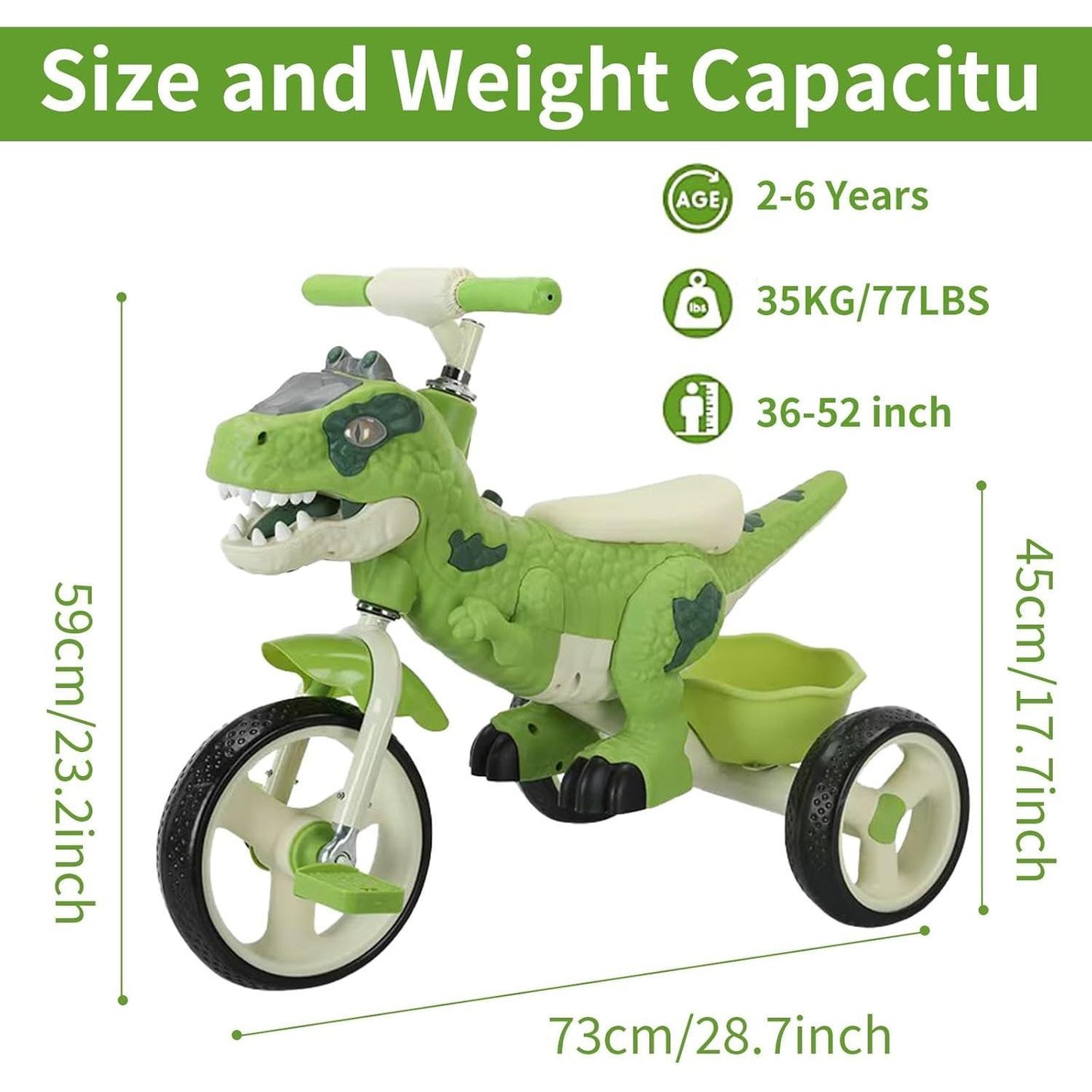 Dinosaur Kids Tricycle with Music & Basket - Toddler Ride-On