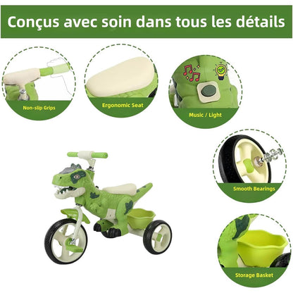 Dinosaur Kids Tricycle with Music & Basket - Toddler Ride-On