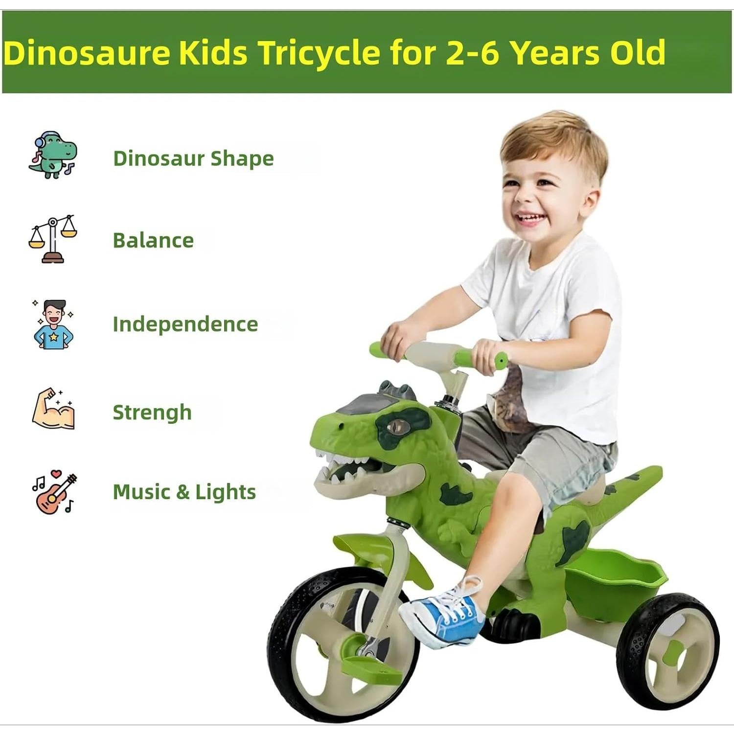 Dinosaur Kids Tricycle with Music & Basket - Toddler Ride-On