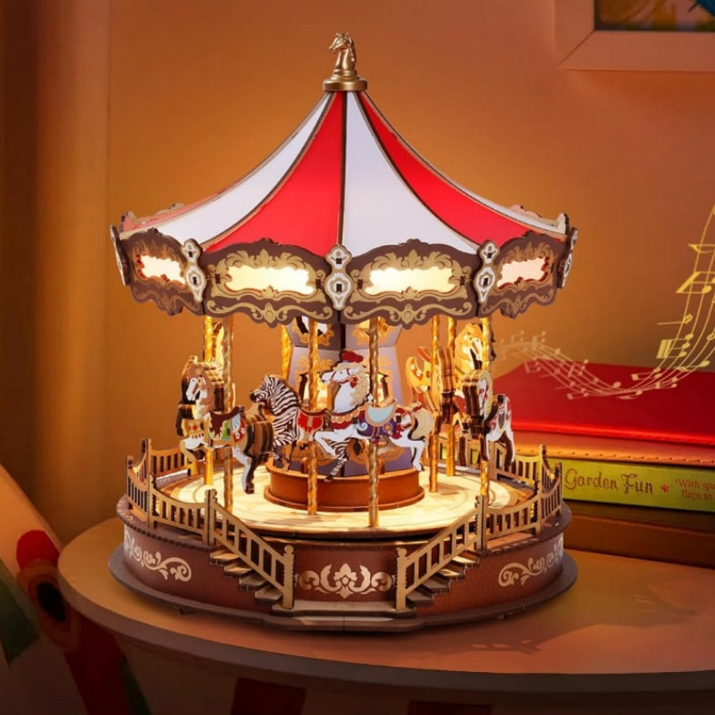 3D Wooden Puzzle Carousel Music Box - LED Lights & Nostalgia