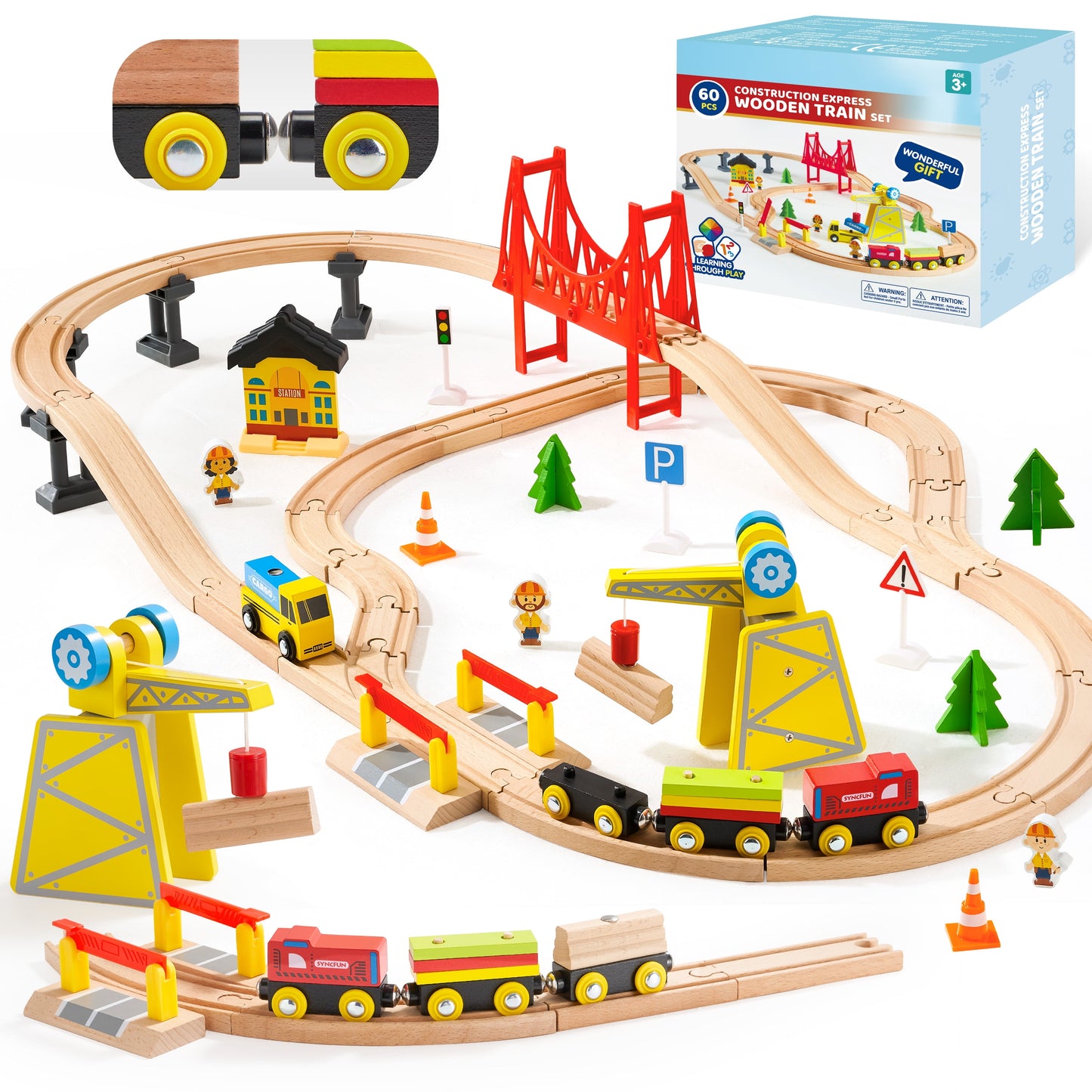 Wooden Train Set: 60 Pcs Tracks & Magnetic Trains for Kids