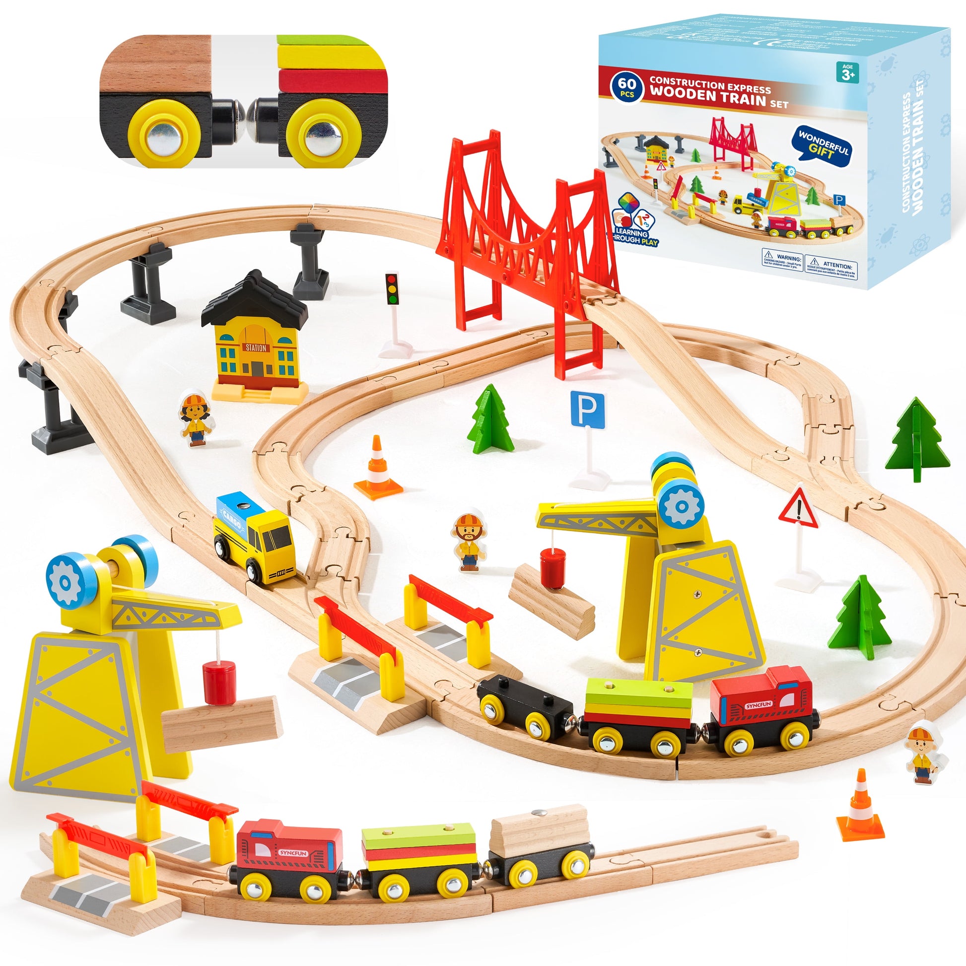 Wooden Train Set: 60 Pcs Tracks & Magnetic Trains for Kids