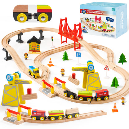 Wooden Train Set: 60 Pcs Tracks & Magnetic Trains for Kids