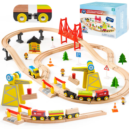 Wooden Train Set: 60 Pcs Tracks & Magnetic Trains for Kids