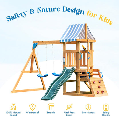 Wooden Swing Set with Slide & Climbing Wall for Kids